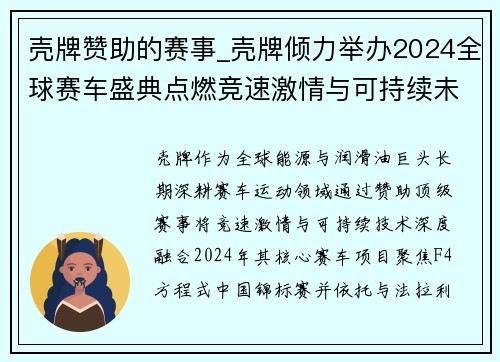 壳牌赞助的赛事_壳牌倾力举办2024全球赛车盛典点燃竞速激情与可持续未来